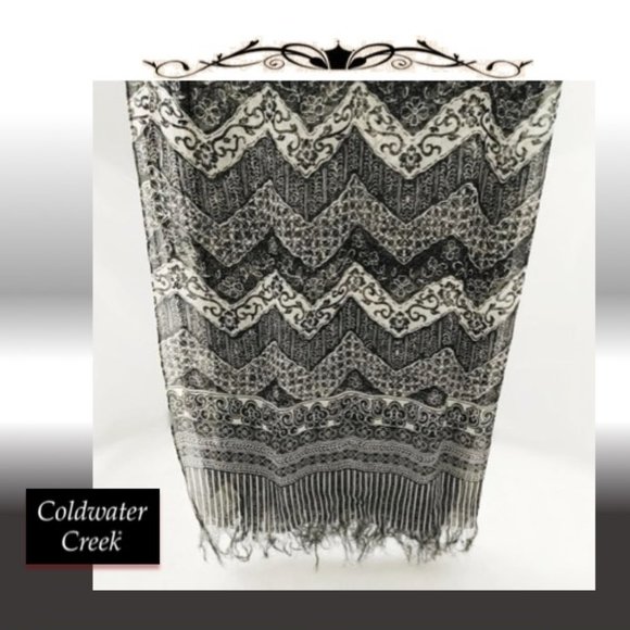 COLDWATER CREEK 100% Pure Silk Rect. Scarf Black White Grey Geo Floral Unisex - Picture 6 of 12